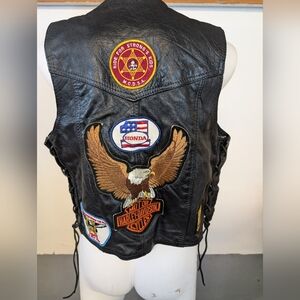 Black Leather Vest Harley-Davidson Patches Eagle and Flag Patches Size S